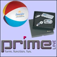 A beach ball and promotional products from Prime Line.