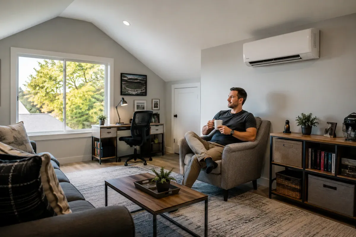 Man enjoying a drink in a stylish bonus room with HVAC unit.