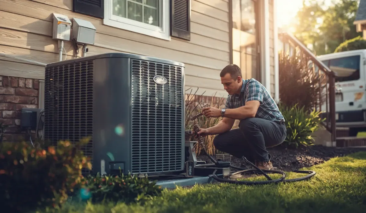 A technician servicing an outdoor air conditioning unit.