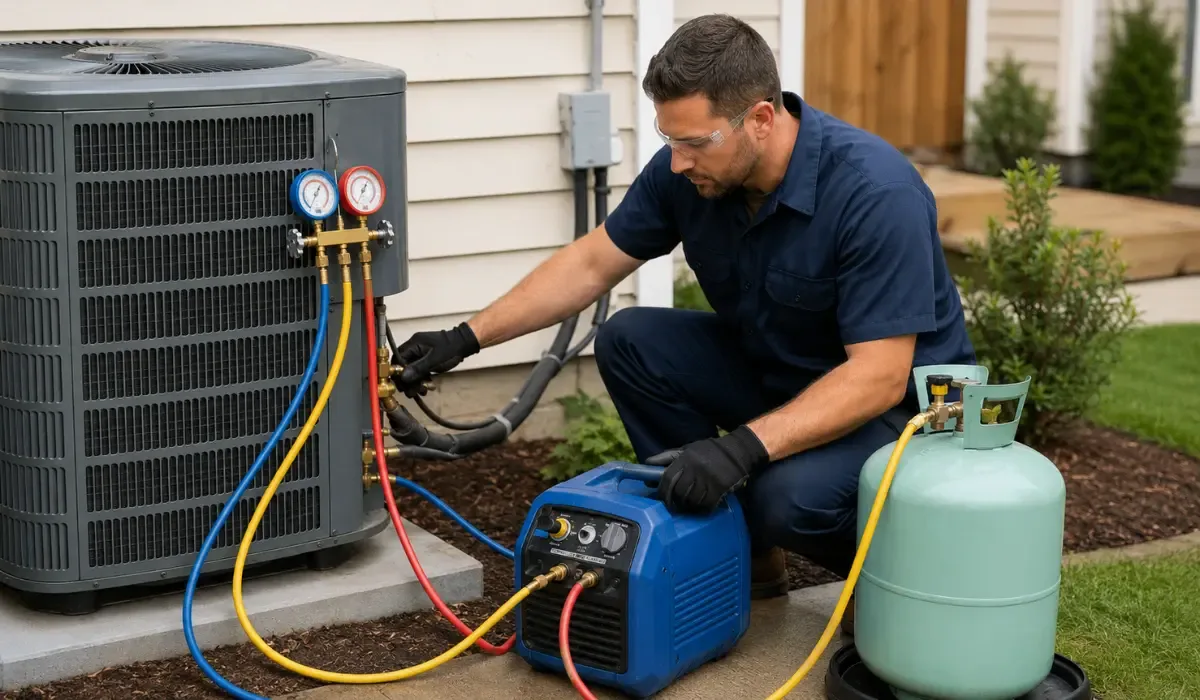 Technician servicing an outdoor air conditioning unit.