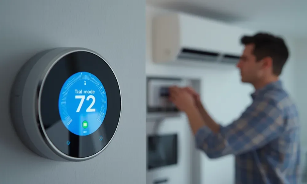 A thermostat showing 72°F with a person adjusting HVAC.
