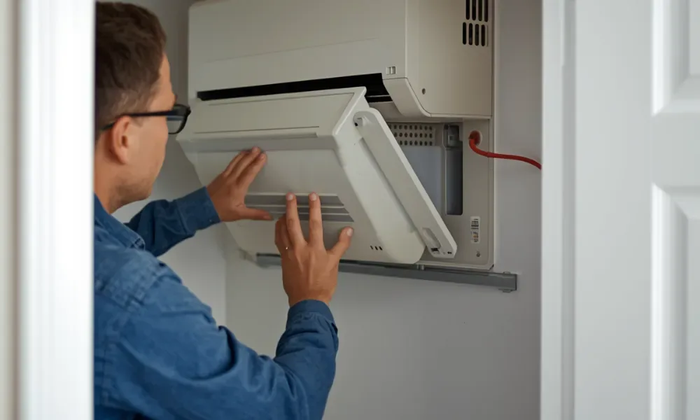 Technician working on a wall-mounted air handler unit.