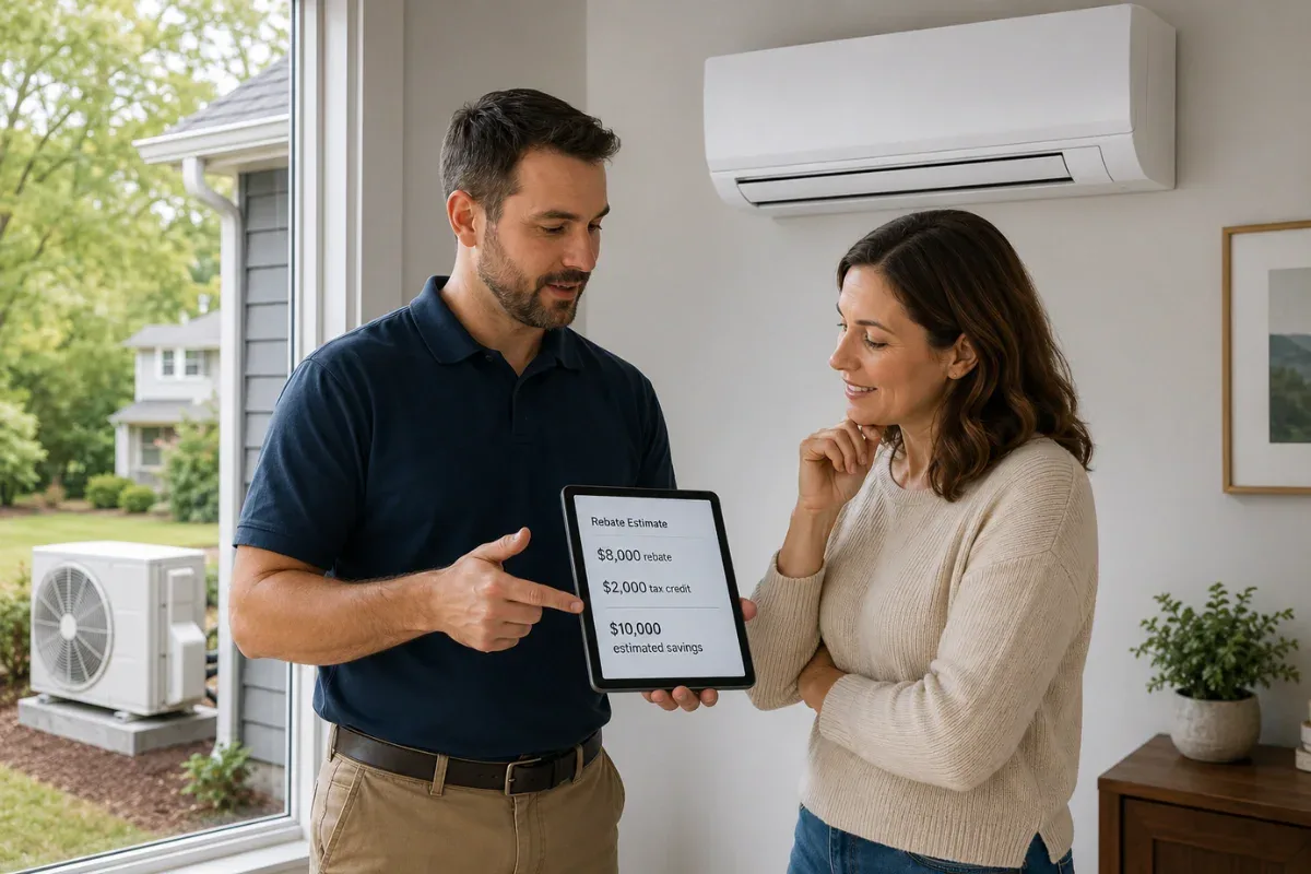 Man and woman discussing HVAC estimates with a tablet.