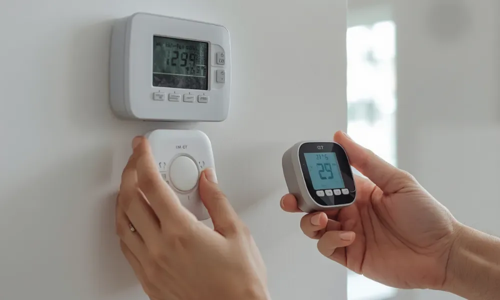 A person adjusting a digital thermostat on a wall.
