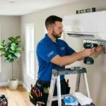 A technician installing a ductless mini-split air conditioning unit.