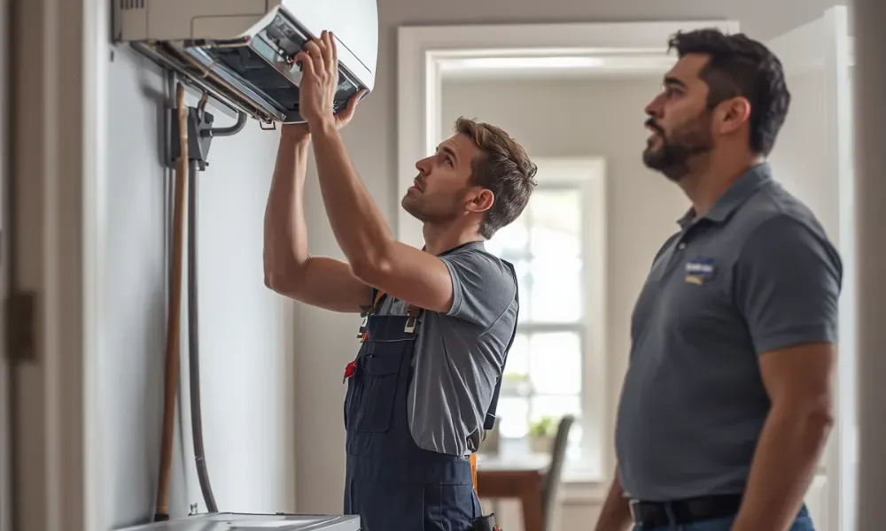 Two technicians adjusting an air conditioning unit indoors.