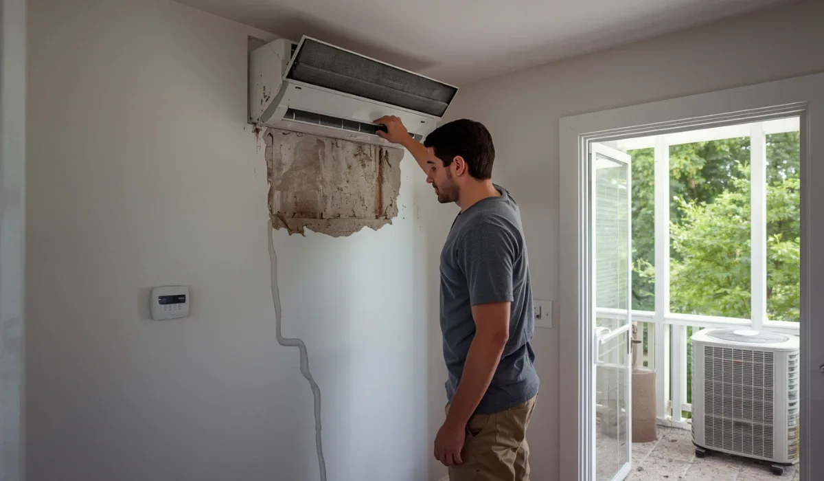 Man inspecting air conditioning unit in a room.