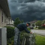 Technician servicing an outdoor AC unit during a storm.