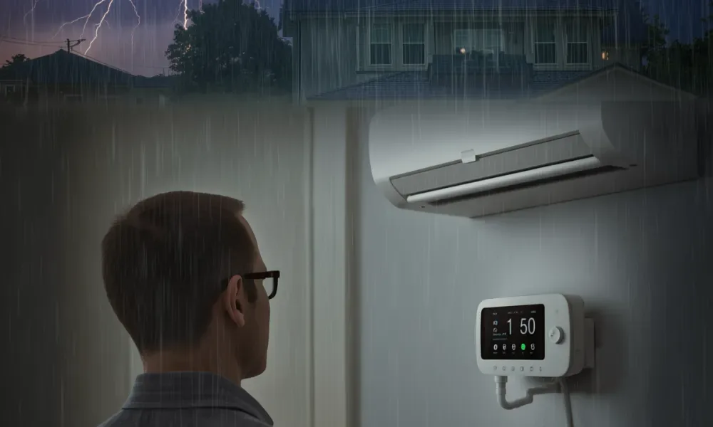 Man looking at HVAC control unit during a storm.