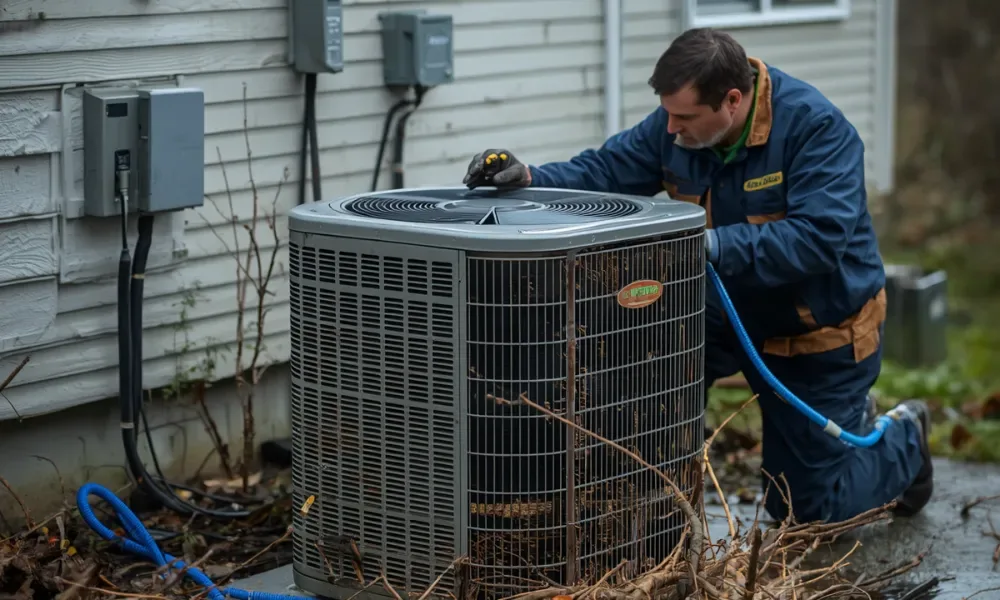 Technician servicing an outdoor air conditioning unit.