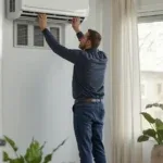 A technician adjusting a wall-mounted air conditioning unit.