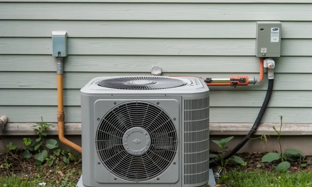 A grey outdoor air conditioning unit against a green wall.