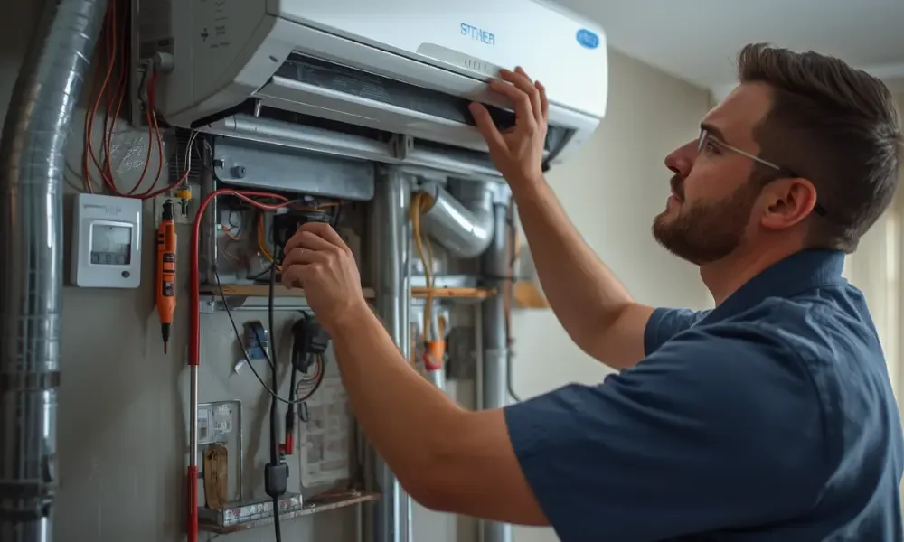 Technician servicing an oversized HVAC system indoors.