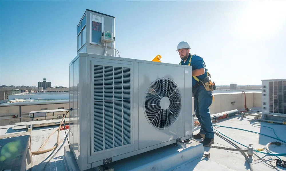 A technician working on a rooftop HVAC unit.