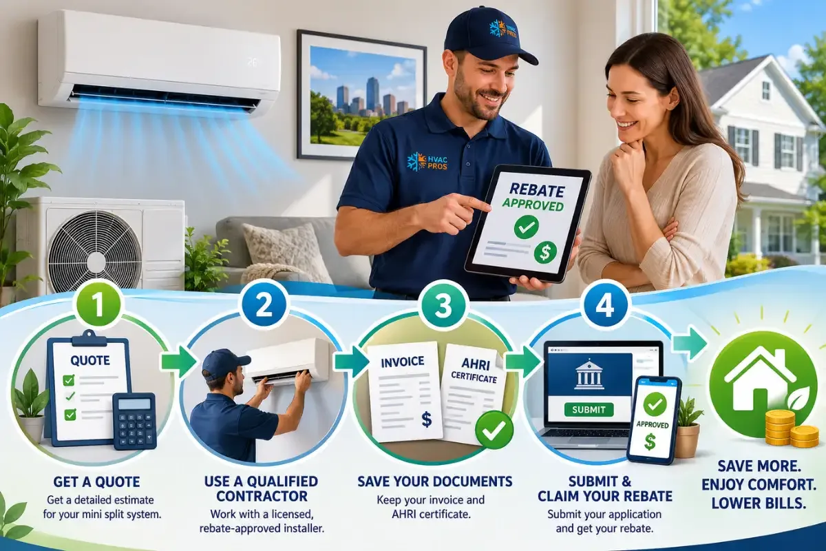 Steps for mini-split rebate application process with technician and homeowner.