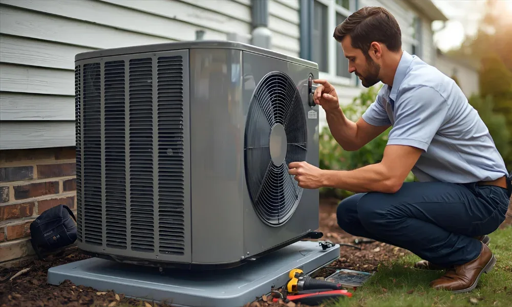 A technician servicing a heat pump outside a house.