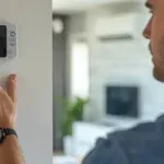 A person adjusting a digital thermostat in a modern living room.
