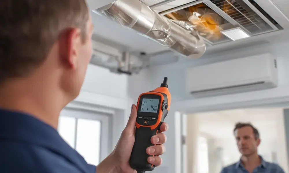 Technician measuring airflow with a digital device in a room.