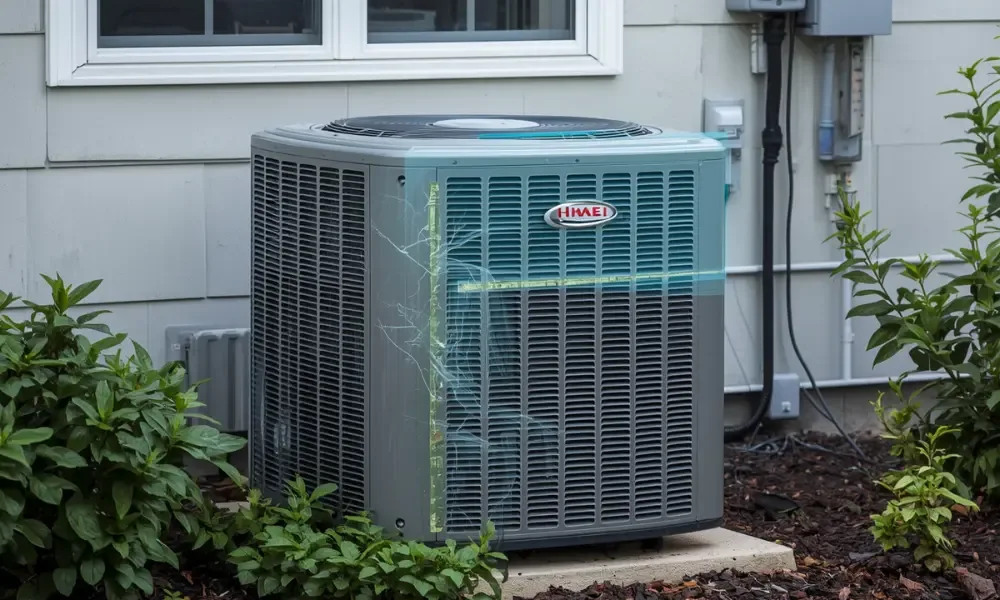 An outdoor HVAC unit with visible scratches on its surface.