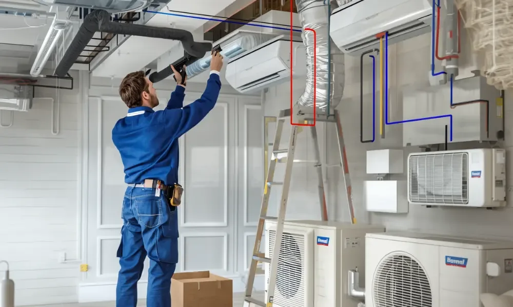 A technician inspecting HVAC equipment in a clean workspace.