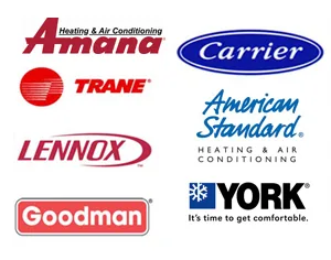 Logos of multiple HVAC brands in a grid layout.