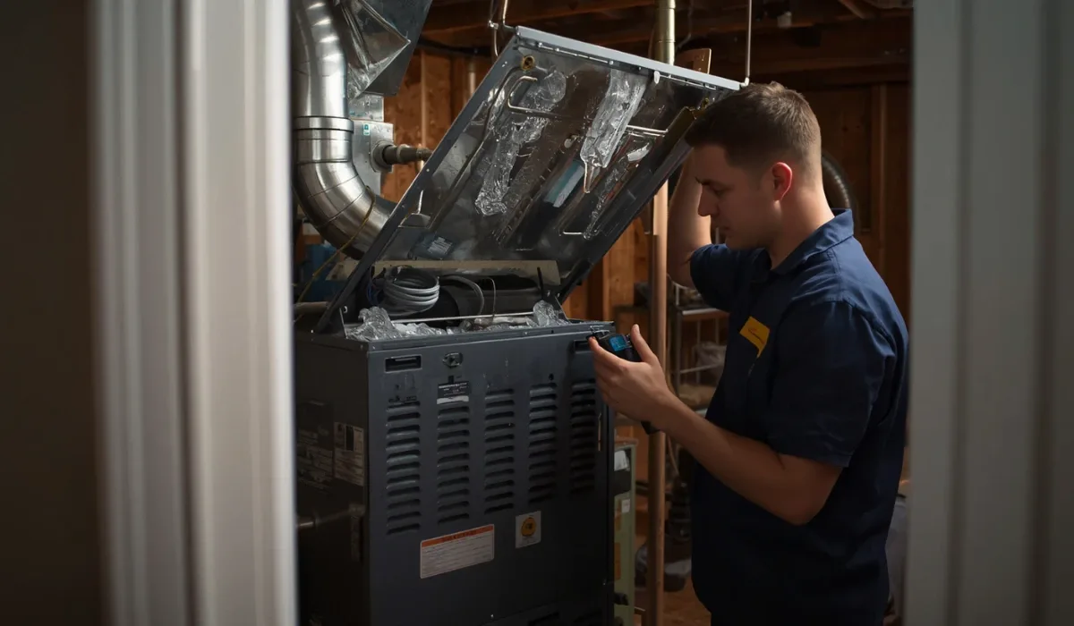 Technician servicing an HVAC unit in a basement.