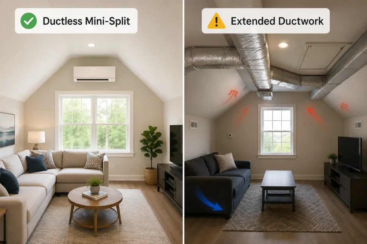 Comparison of ductless mini-split and extended ductwork systems.