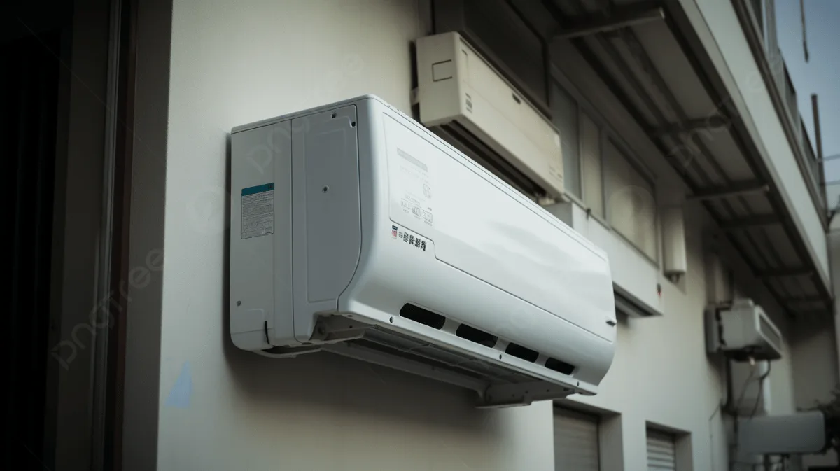 A wall-mounted white air conditioning unit on a building exterior.