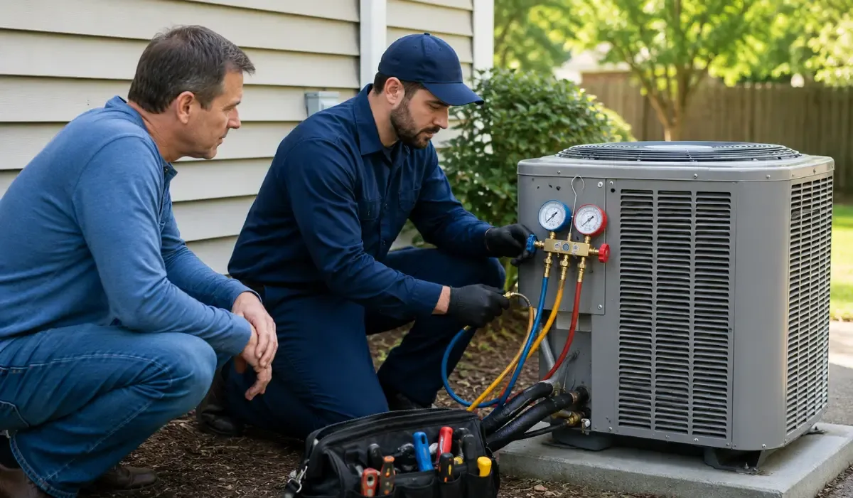 Technician checks HVAC unit while homeowner observes.
