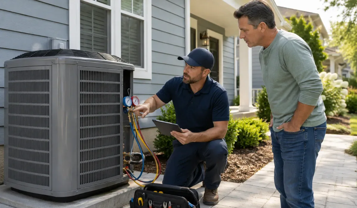 A technician servicing an air conditioning unit outdoors.