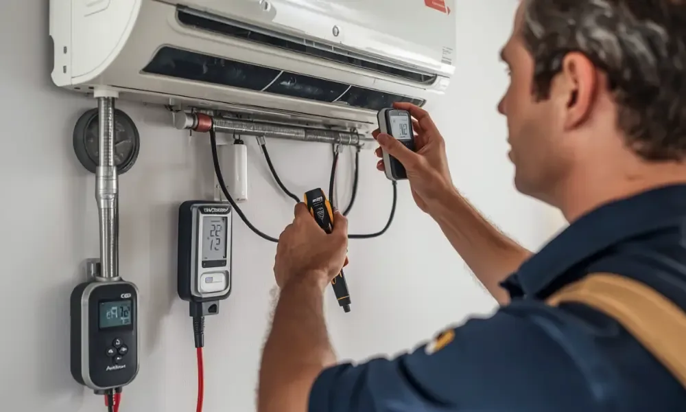 A technician inspecting a wall-mounted air conditioning unit.
