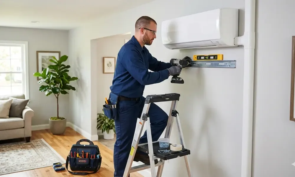 A technician installing a mini-split HVAC unit on a wall.