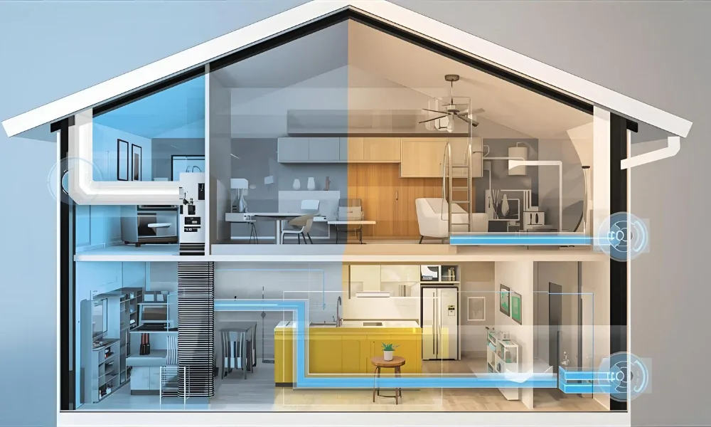 Illustration of a two-story home with HVAC zoning system.
