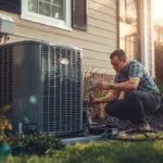 A technician inspecting an outdoor air conditioning unit.