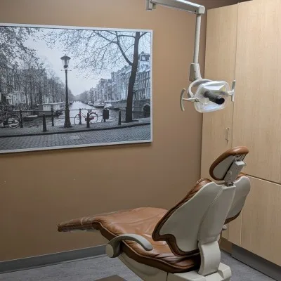 A dental chair in a room with a canal-themed photo on the wall.