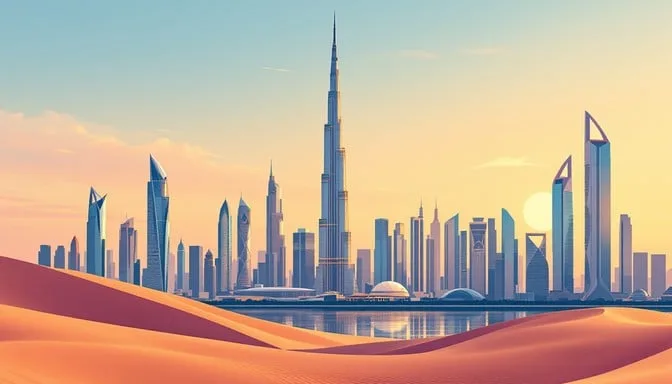 Stylized illustration of the Dubai skyline at sunset with sand dunes.