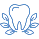 Stylized blue tooth graphic with leaves around it.