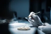 A dentist's gloved hand holding a dental tool.