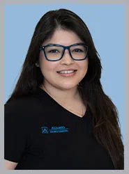 A smiling woman in a black shirt with glasses.
