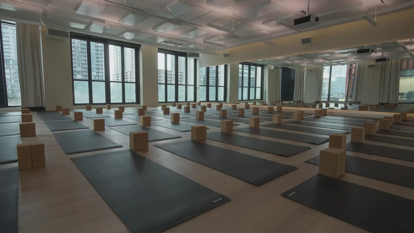 Yoga studio with mats and blocks in rows.