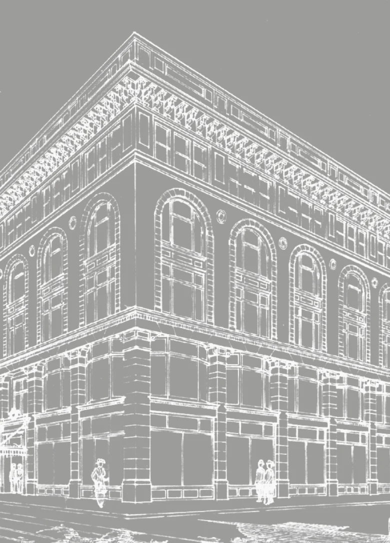 Line drawing of a historic building with figures walking.
