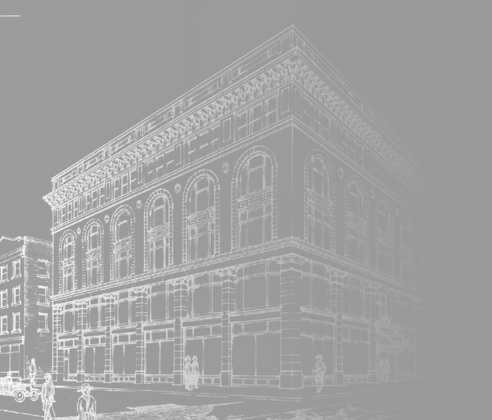 Architectural illustration of a historic building with figures.