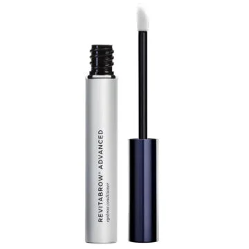 A RevitaBrow Advanced eyebrow conditioner tube with applicator.