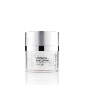 Alastin Restorative Neck Complex jar with silver lid and label.