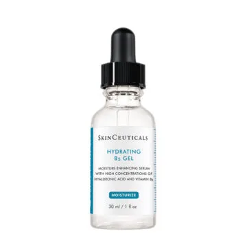 Hydrating B5 Gel serum in a clear glass bottle with dropper.